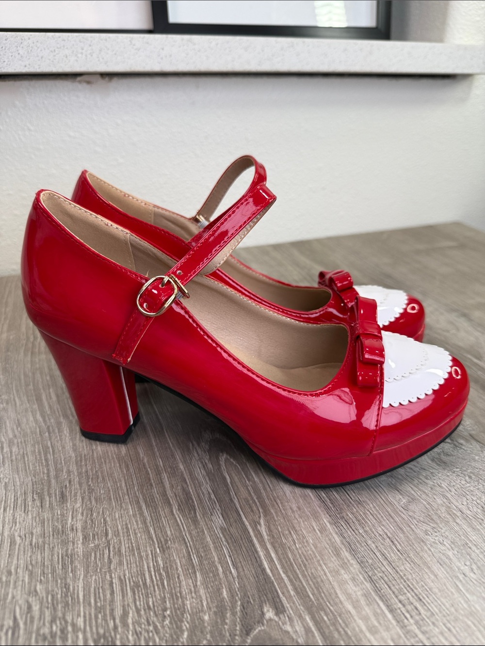 Red Patent Mary Jane Heels with White Scallop Toe - Women's
